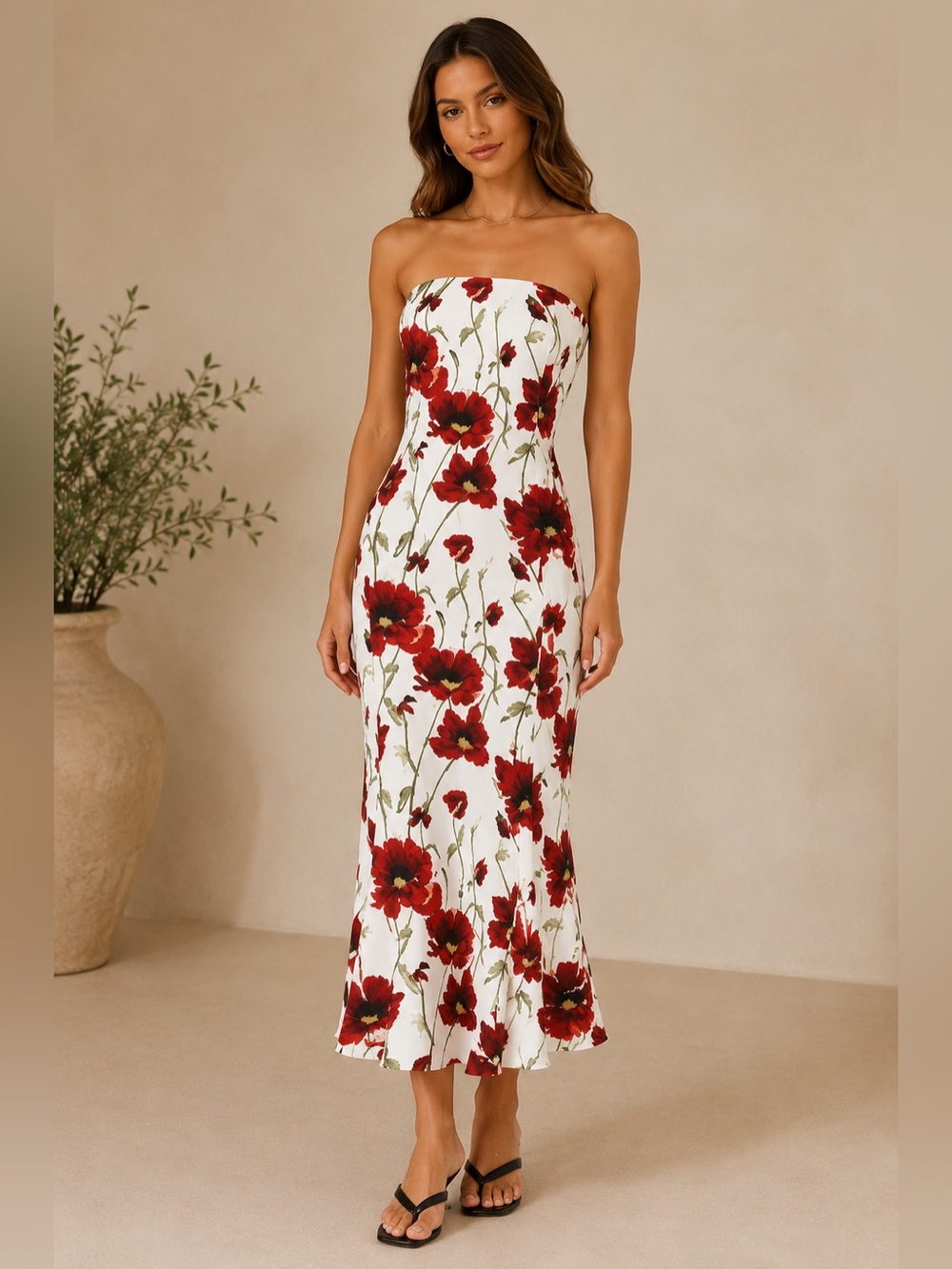 NORMA KAMALI Strapless Fishtail Gown Midi Dress White Poppy Floral M